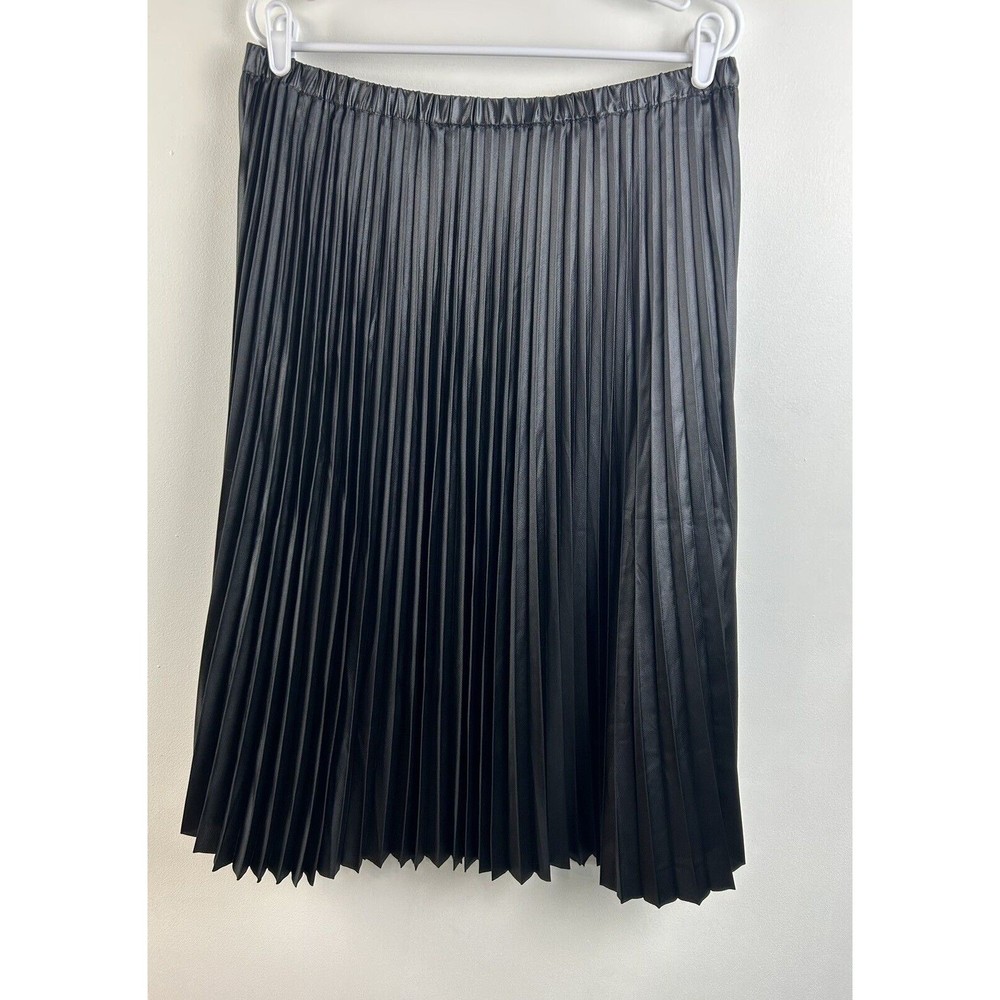 BANANA REPUBLIC Black Pleated Pull On Midi Skirt Size Lg Satin Look